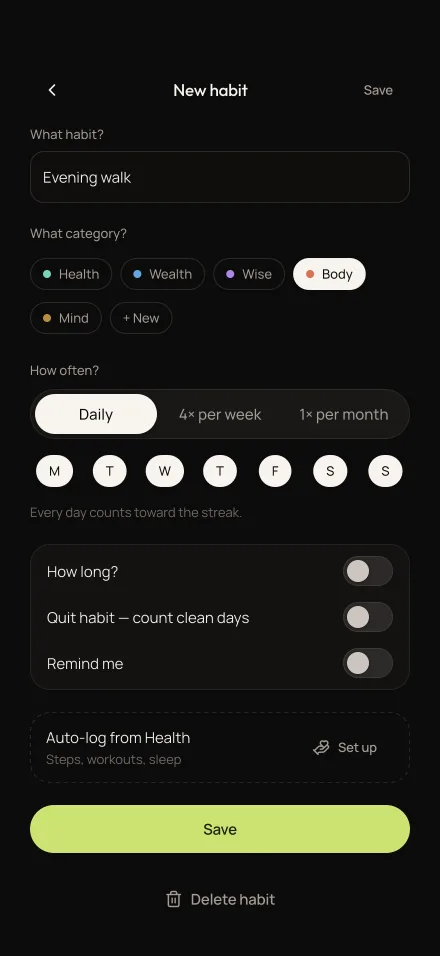 The habit editor, choosing between daily, four times a week and once a month.